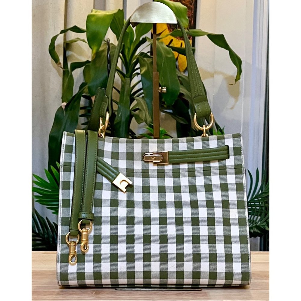 โบโบ AUTHENTIC TORY BURCH GREEN AND WHITE PLAID PETITE LEE RADZIWILL โบโบ - Picture 1 of 14